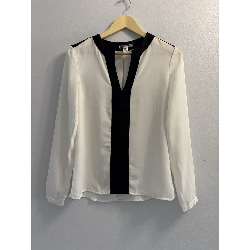 MANGO Suit Womens XS White Black Trim Split V-Neck Blouse Long Sleeve Top Work